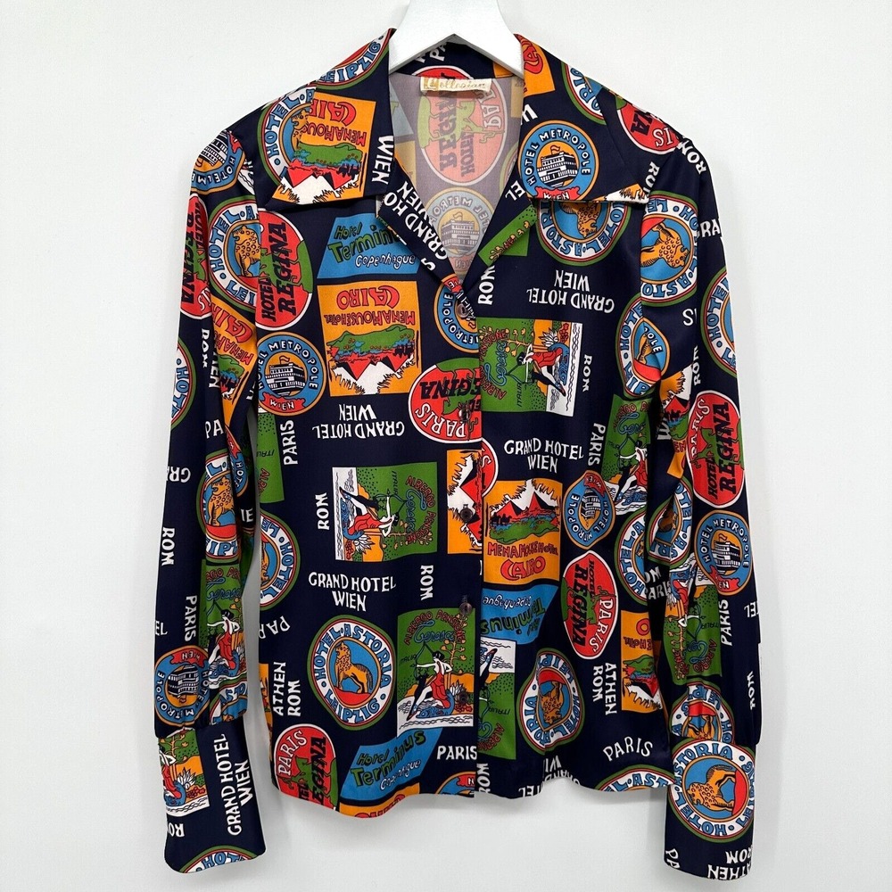 Vintage Top Shirt Size Small Medium Stretch Passport Stamp Maximalist Statement